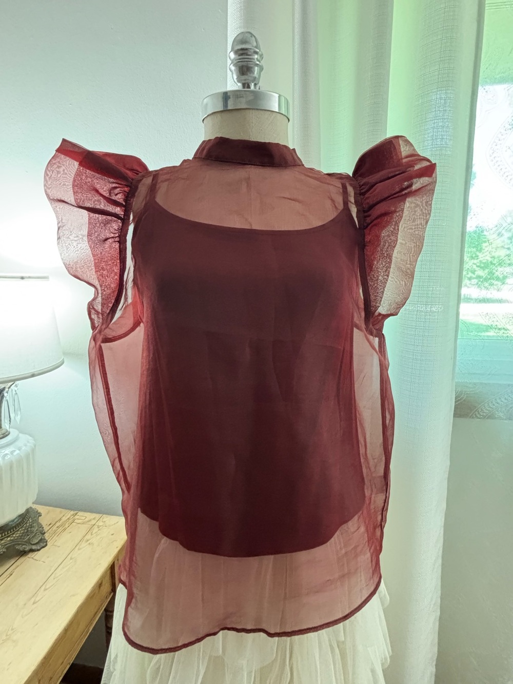 Joie Sheer Ruffle Sleeve Blouse and Cami Ser in Burgundy, L, NWOT